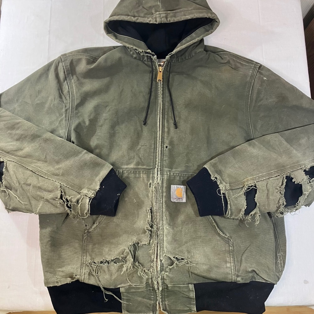 Carhartt Mens Distressed Thermal Lined Duck Active Jacket Green Zip Hooded J131